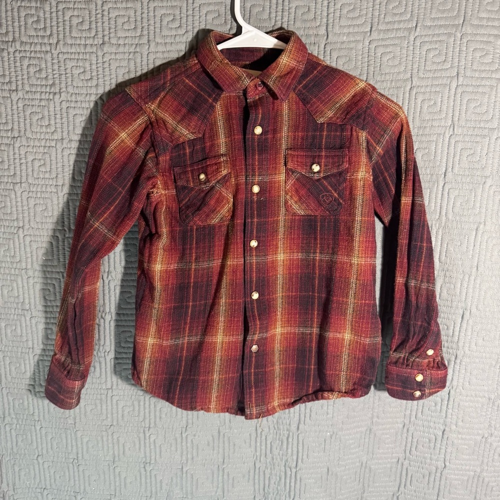 Ariat Button Shirt Boys Size Small Pearl Snap Red Plaid Long Sleeve Retro Fit
